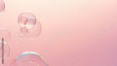 Generative AI floating soap bubbles on a soft pink background