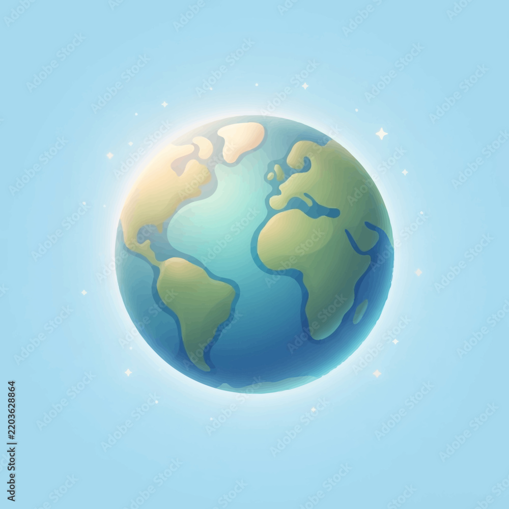 Fototapeta premium Vibrant cartoon Earth icon illustration showcasing a glowing globe with continents, symbolizing global connectivity and environmental harmony