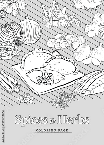 Spices herbs design layout with spices herbs in outline style