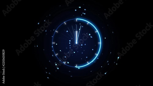 Glowing digital clock interface with circular progress bar motion and floating light particles