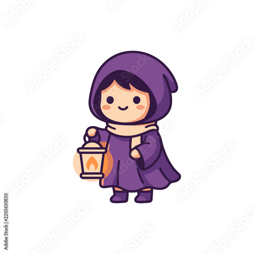 Tiny character in purple cloak holding a glowing lantern.