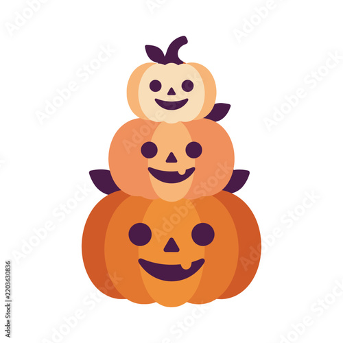 Stack of three smiling jack-o'-lantern pumpkins cartoon illustration.