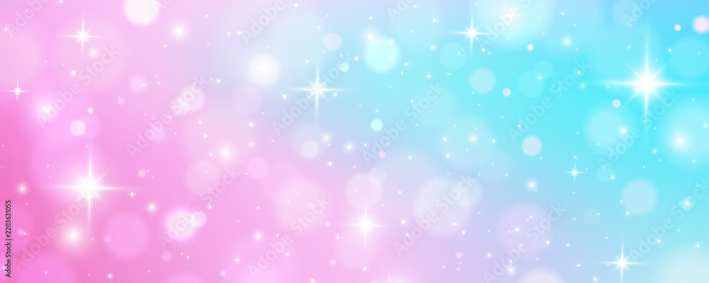 Obraz premium Glitter unicorn background with pink pastel rainbow gradient and sparkling princess magic. Fairy sky with soft star light and iridescent bokeh effects. Sweet kawaii texture for baby wallpaper design.
