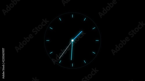 Close-up of a modern illuminated analog clock motion showing time in dark environment
