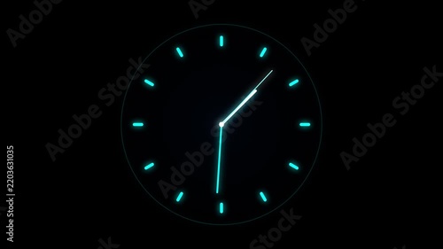 Glowing neon analog clock face motion with bright blue light markers on a dark background