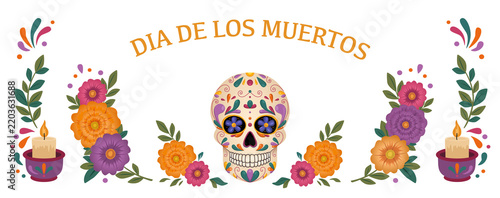 Traditional Mexican sugar skull, flowers and Dia De Los Muertos text – a greeting card for the Mexican Day of the Dead. Illustration on a transparent background