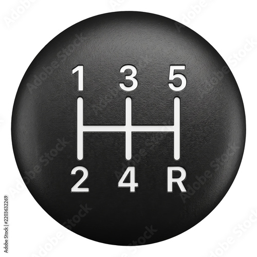 Top view of a black manual transmission 5 speed gear shift knob, concept of automotive mechanical control, vehicle driving, and automobile acceleration isolated on a transparent background