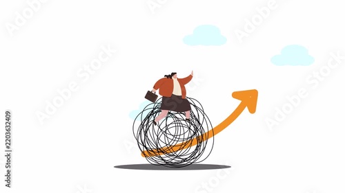 Businesswoman pushing tangled ball up arrow, symbolizing challenge, growth, and perseverance