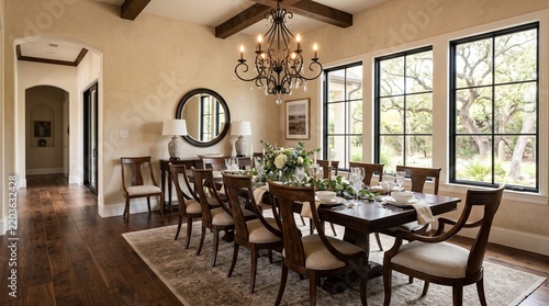 Elegant Dining Room with Dark Wood Flooring – Sophisticated and Warm Interior Featuring Rich Wooden Floors, Stylish Dining Furniture, Refined Finishes, Contemporary Décor, Natural Accents, and a Cozy 