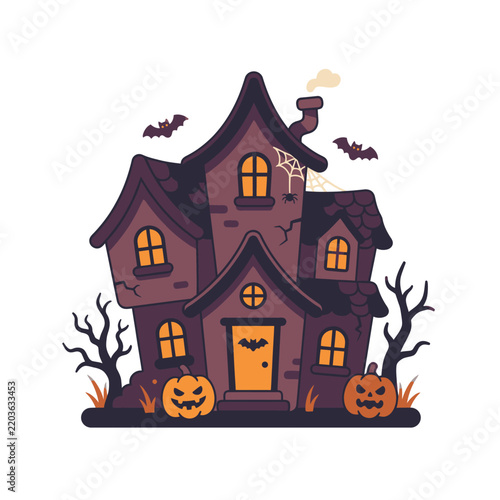 Spooky haunted house illustration with pumpkins and flying bats.