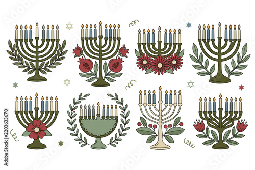 Decorative Hanukkah menorah illustrations with leaves, flowers, and fruit