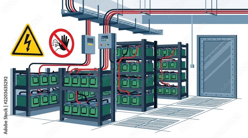 Obraz premium Warning signs show high voltage and hand safety in a battery storage area during maintenance procedures.