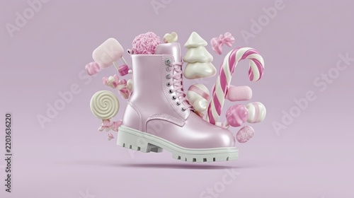 Pink combat boot surrounded by candy in a pastel wonderland