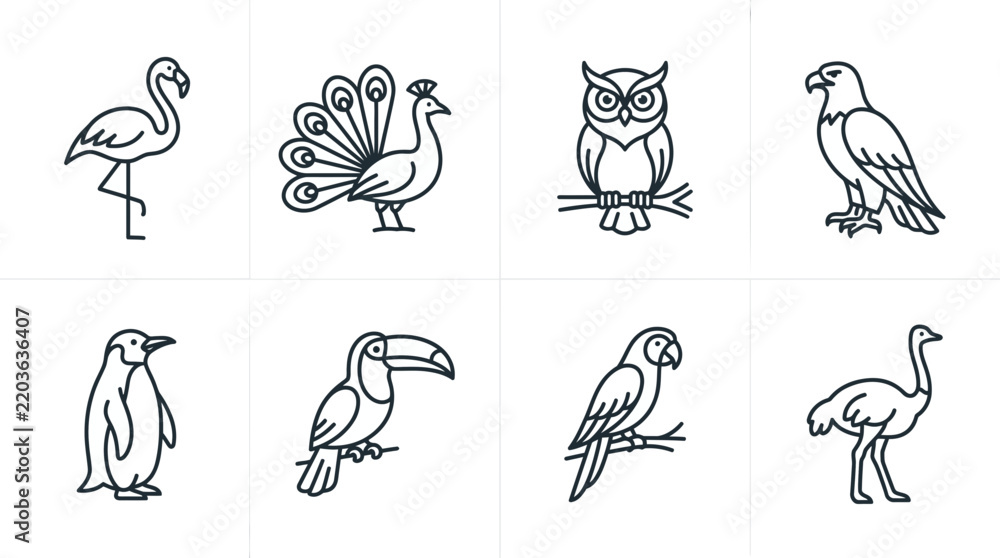 Fototapeta premium Bird line icons set with flamingo peacock owl eagle penguin toucan parrot and ostrich outline signs