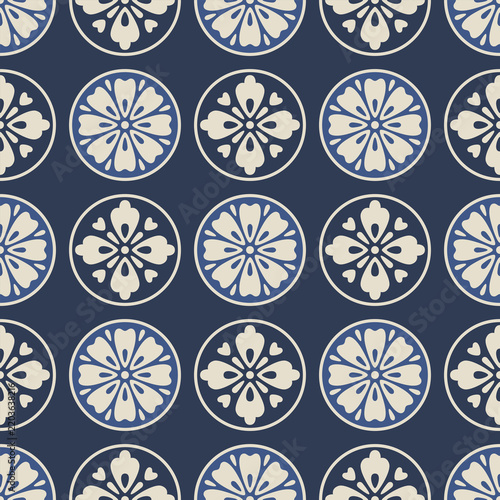 Japanese Flower Circle Crest Motif Vector Seamless Pattern
