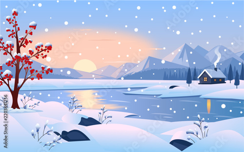 Winter landscape with snow, mountains, lake, cabin, and red berry tree at sunrise