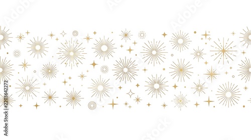 Seamless horizontal border pattern with gold starbursts and celestial elements on a white background with background festive decorative