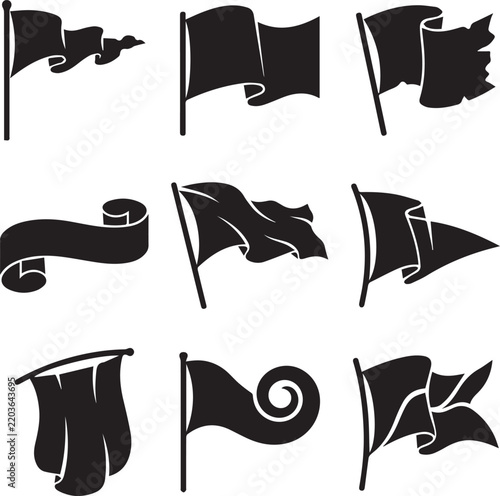 Waving Flag Icon Set Black Silhouette Collection