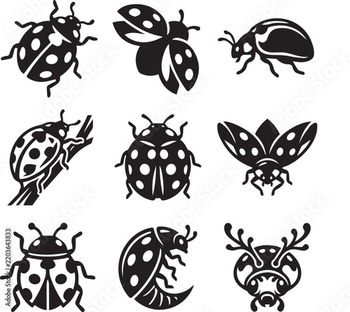 Ladybug Beetle Icon Set Black Silhouette