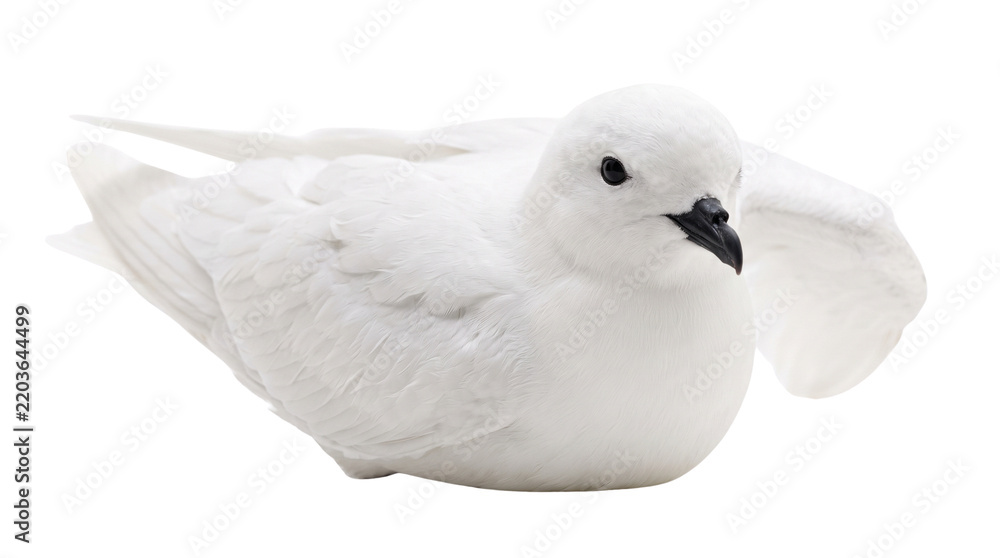 Fototapeta premium Snow petrel bird isolated on white background, pure white arctic seabird with black beak, antarctic wildlife photography for nature design