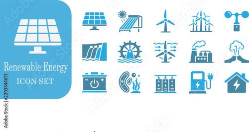 Renewable energy and green power flat vector blue icon set for sustainability