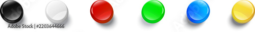 Horizontal row of six blank round magnetic pushpins in vibrant multi colored plastic finishes casting soft shadows on white background.