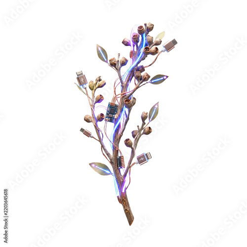 Plant branch with electronic components growing and connecting