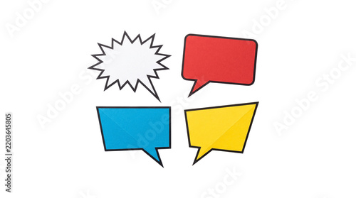 Four colorful paper speech bubbles pop art style white background