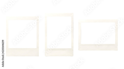 Three blank instant frames on a clean white background minimalist