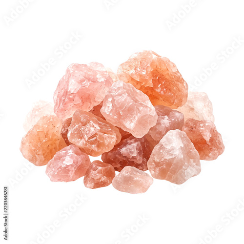 Pile of rough pink himalayan salt crystals isolated on white