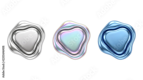 Three abstract liquid metallic shapes on white background 3D render