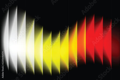Abstract white yellow red curved glass fins gradient background photo, futuristic illuminated vertical glass slats forming a dynamic wave pattern on black background, and digital tech graphic design.
