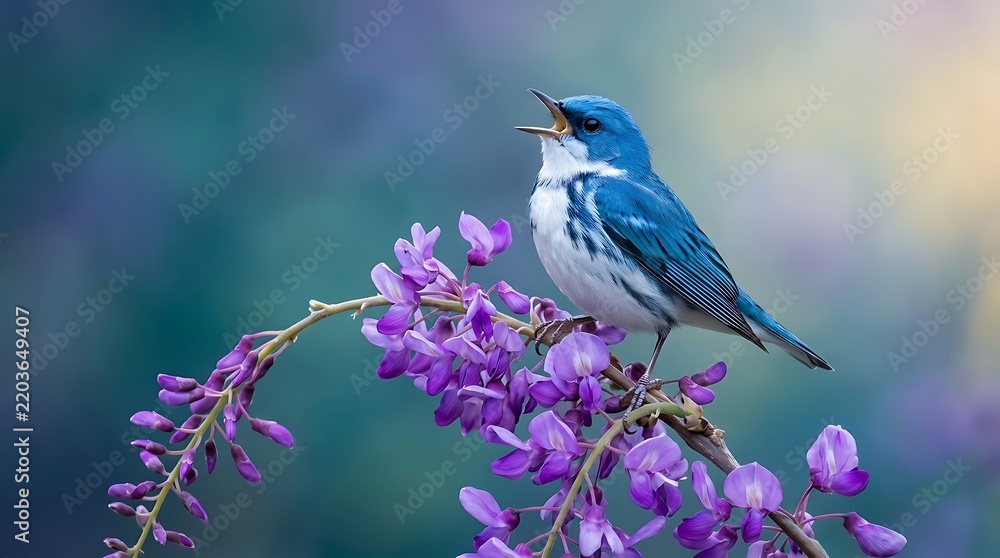 Fototapeta premium Blue and white bird perched on blooming purple flowers in nature