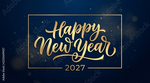 Gold happy new year 2027 text in a rectangular frame on a dark blue background with glowing particles with background shimmering light