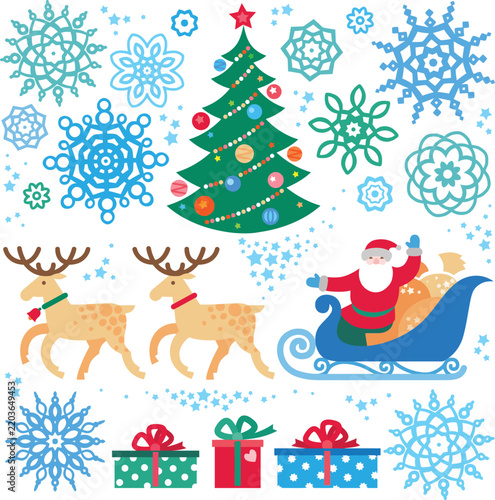 Christmas Vector Graphic Set with Santa Claus Sleigh