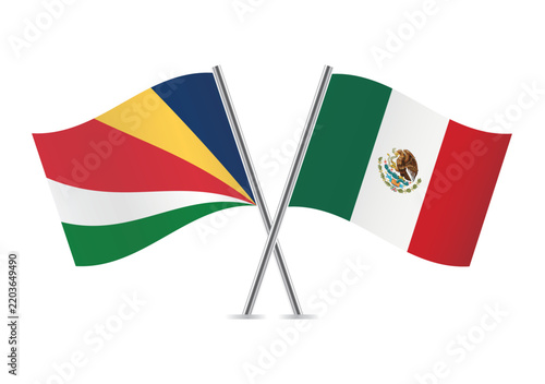 Seychelles and Mexico crossed flags on a white background. Vector illustration.