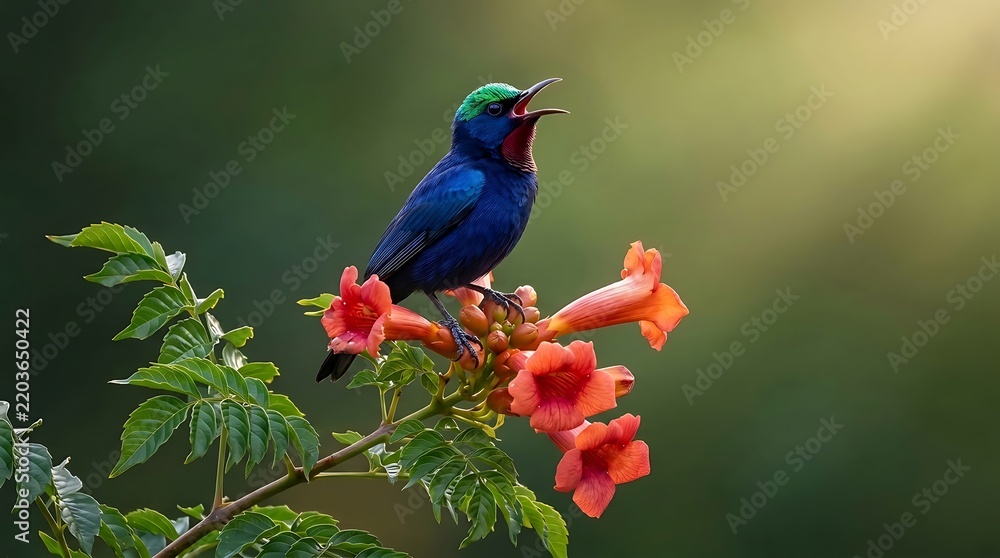 Fototapeta premium Blue hummingbird feeding on bright red flowers in natural setting