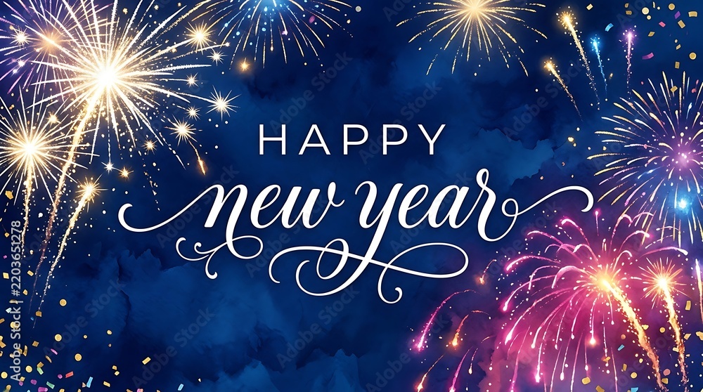 Fototapeta premium Happy new year text greeting overlay on a dark blue background with colorful exploding fireworks display with background