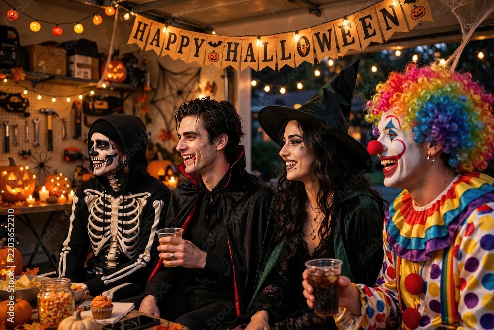 Fototapeta premium Friends in Halloween Costumes Celebrating Together at a Party.