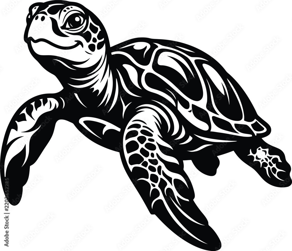 Fototapeta premium Stylized black and white illustration of a swimming sea turtle