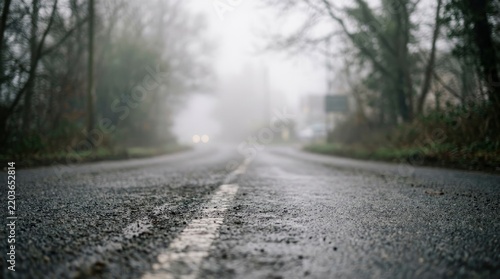 Low angle view of wet road in fog