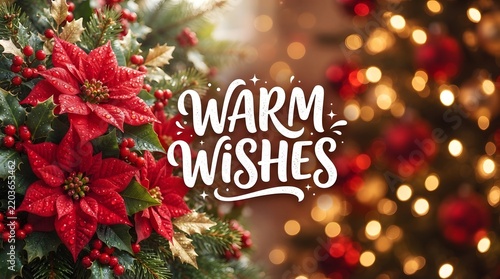Warm wishes holiday greeting card with vibrant red poinsettia flowers and blurred christmas tree lights in the background