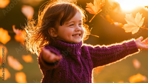 Little girl laughs, arms outstretched, chasing falling leaves