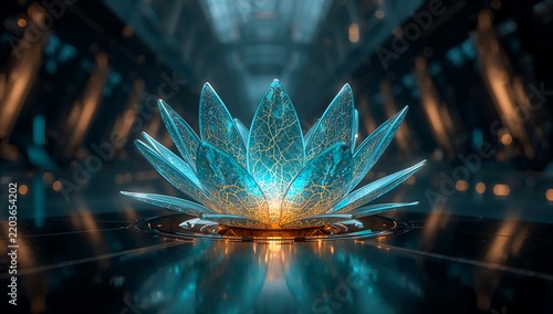 Generative AI a glowing blue lotus-like structure with transparent petals in a futuristic setting