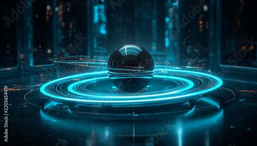 Generative AI a glowing futuristic sphere floating above illuminated rings in a high-tech