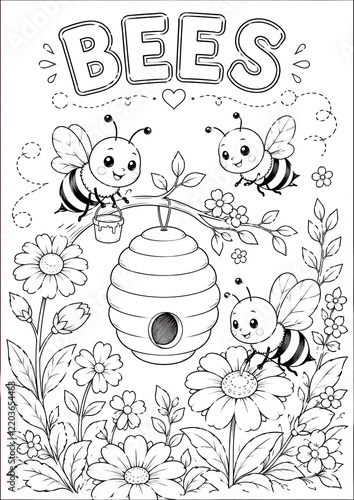 Cute Bee Coloring Page with Beehive, Flowers and Garden Insects