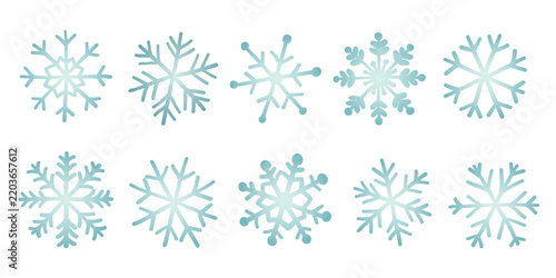 Set of intricate watercolor light blue snowflake designs arranged in two neat rows, each with unique geometric branches. Flat hand-drawn vector, isolated on white.