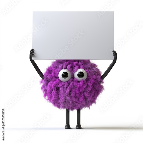Fluffy, cute monster holds a blank sign, symbolizes information and advertising display. 3D rendering, conceptual image. Isolated on white background.