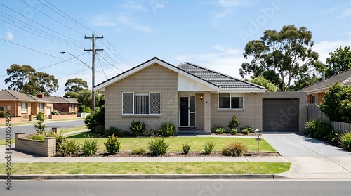 Modern suburban residential house exterior with garage and green lawn