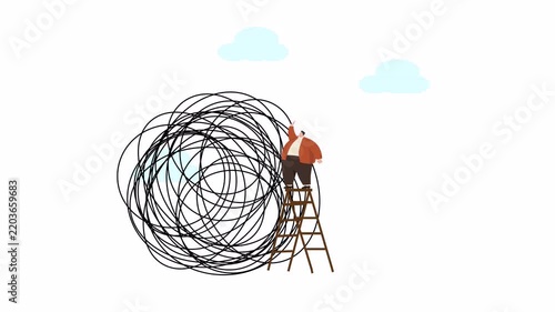 Businessman Untangling Complex Problem on Ladder Problem-Solving Concept